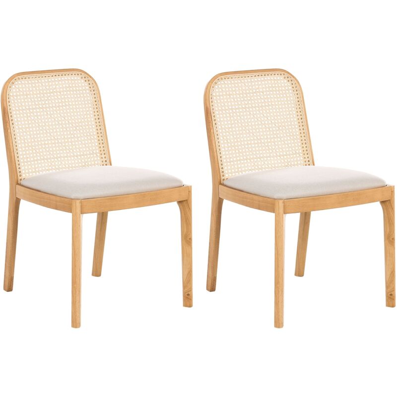 Lot de 2 Chaises de Salle à Manger Dossier en Rotin Tressé Assise en Tissu Sans Accoudoirs Bois d'Hévéa Marron Clair Edina