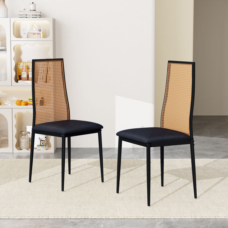 Lot de 2 Chaises de Salle à Manger - Dossier en Rotin Tressé Main - Assise Rembourrée - Pieds Métal avec Patins Réglables - Noir