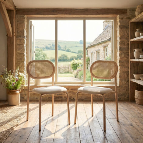 Lot de 2 chaises de salle à manger, dossier rotin ergonomique, assise rembourrée, couleur bois naturel, design scandinave, pour cuisine et salon