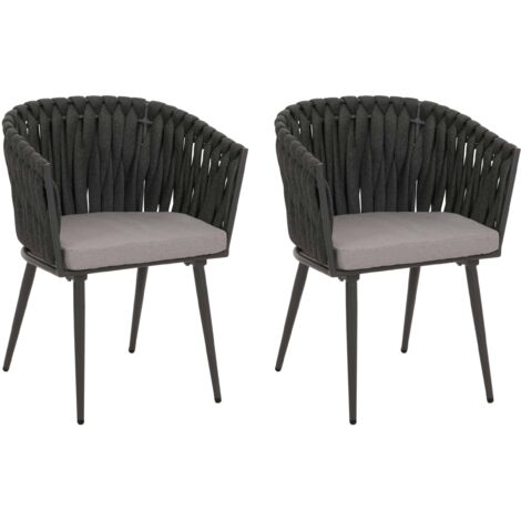 Lot de 2 chaises de salle à manger en aluminium HHG-418, chaise d'intérieur avec accoudoirs, olefin corde tressée Rope, anthracite Coussin gris clair