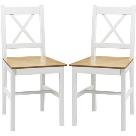 Lot de 2 chaises de salle à manger en bois massif, chaise de cuisine style rustique, dossier croisé, blanc et chêne