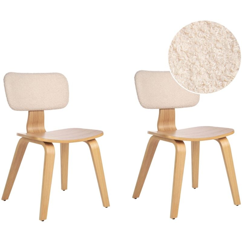 Lot de 2 Chaises de Salle à Manger en Bouclé Assise Tapissé Bois Clair et Beige Lucinda