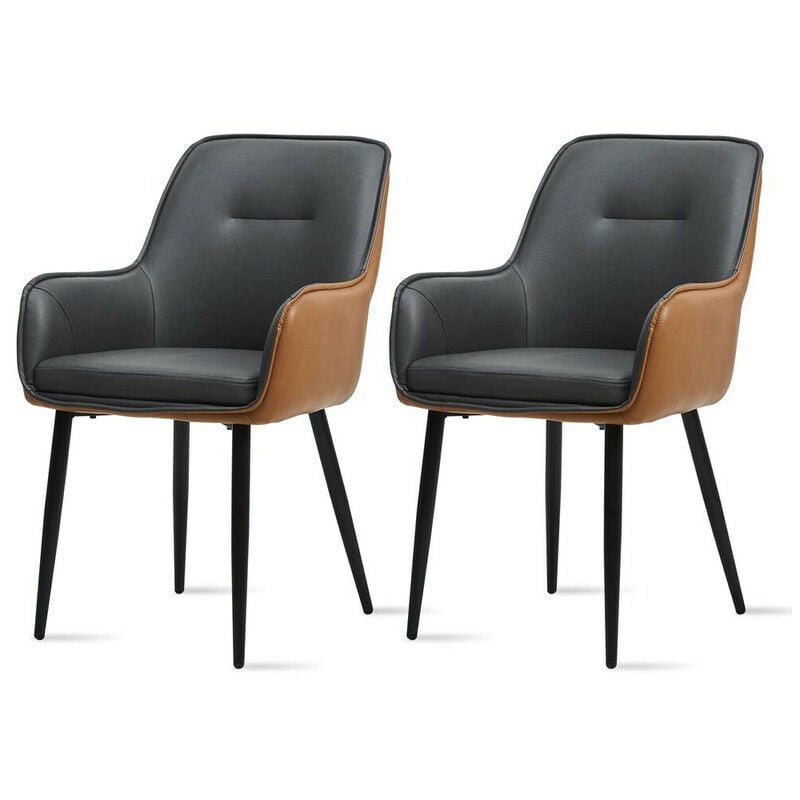 Lot de 2 chaises de salle à manger en cuir rembourré avec dossier et pieds en métal Gris/Marron