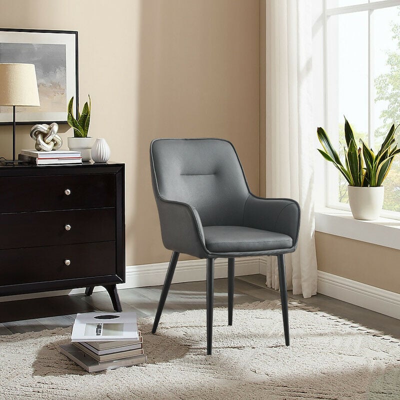 Clipop - Lot de 2 chaises de salle à manger en cuir rembourré avec dossier et pieds en métal Gris