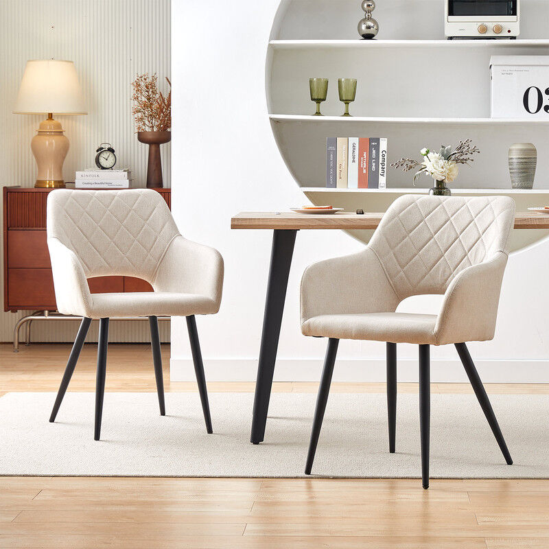 Clipop - Lot de 2 chaises de salle à manger en lin avec siège rembourré, dossier ouvert, accoudoirs et pieds en métal, chaise rembourrée pour la