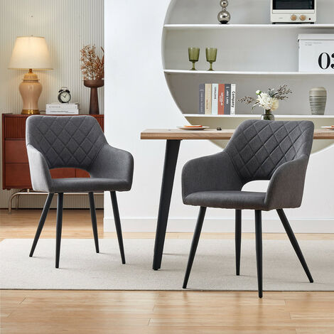 Lot de 2 chaises de salle à manger en lin avec siège rembourré, dossier ouvert, accoudoirs et pieds en métal, chaise rembourrée pour la maison, la salle à manger, la cuisine, gris foncé