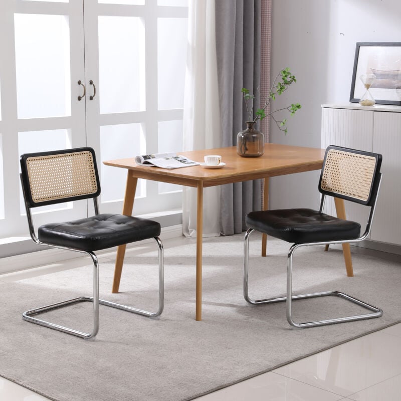 Hauss Spole - Lot de 2 Chaises de salle à manger en rotin et cuir avec pieds en métal (Rectangle, Noir)