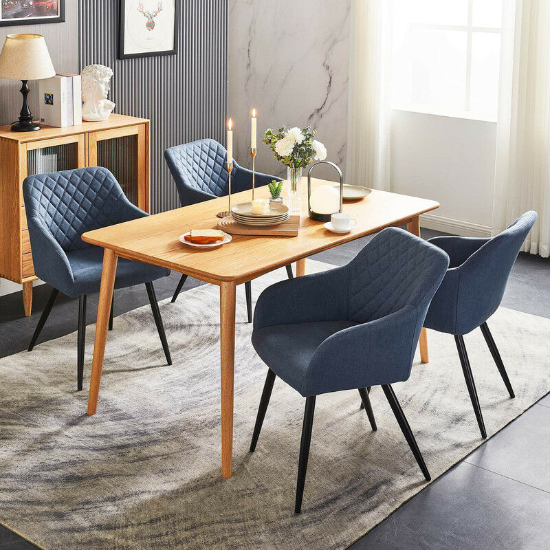 Clipop - Lot de 2 chaises de salle à manger en tissu avec accoudoirs et dossier avec assise rembourrée, pieds en métal, bleu