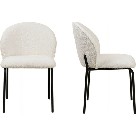 Lot de 2 chaises de salle à manger en tissu bouclette écru, piètement en métal noir - Noé