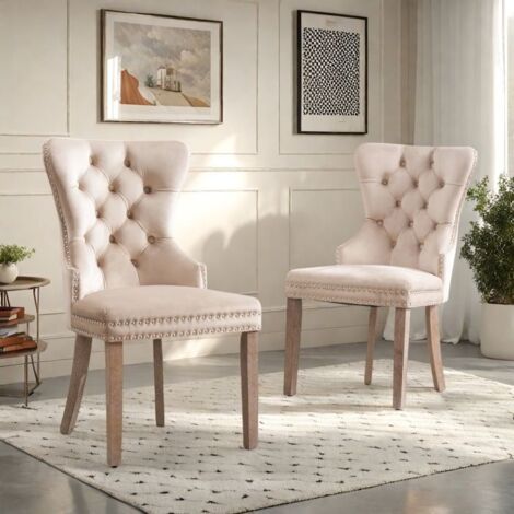 Lot de 2 chaises de salle à manger en velours avec clous en osier chaise beige de bureau style scandinave pour salon chambre cuisine