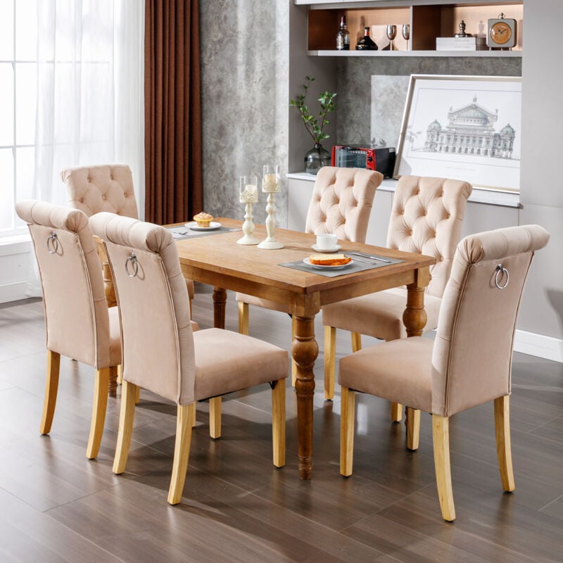 Lot de 6 chaises de salle à manger en velours avec pieds en chêne, bouton, heurtoir chromé, marron