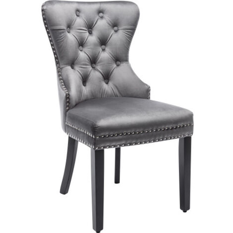 Lot de 2 chaises de salle à manger en velours avec pieds en chêne, boutons, clous chromés et garniture à têtes de clous chaise de chambre, chaise de cuisine, chaise de salon, chaise de détente ,grise