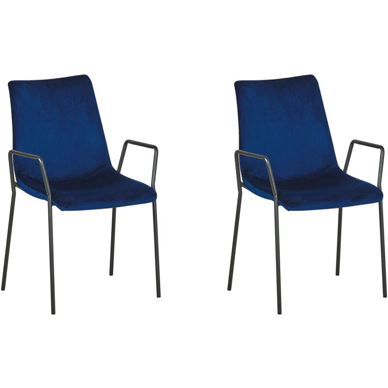 Beliani - 2 Chaises de Salle à Manger en Velours Bleu Marine avec Piètement Métallique Noir et Accoudoirs pour Cuisine ou Salon Moderne Rétro