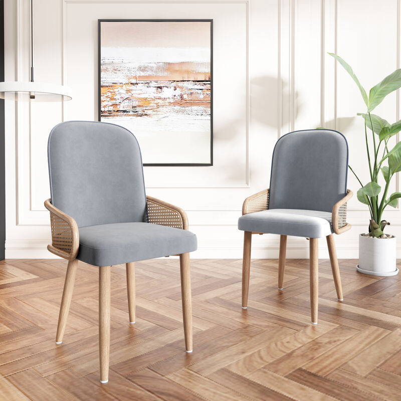 Okwish - Lot de 2 chaises de salle à manger en velours design rotin salon chambre avec quatre pieds en métal (effet grain de bois) gris