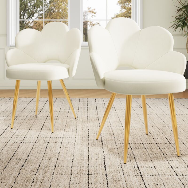 Lot de 2 chaises de salle à manger en velours – Pieds en fer doré, assise ergonomique, motif floral – Beige