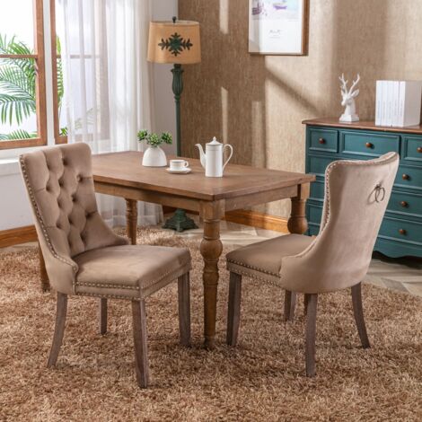 Lot de 2 Chaises de Salle à Manger en Velours - Style Chesterfield Capitonné avec Anneau et Clous - Pieds en Bois Massif et Assise à Ressorts, Marron