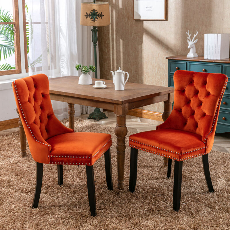 Lot de 2 chaises de salle à manger en velours, style contemporaine, chaise de cuisine et salon, pieds en bois massif - Orange