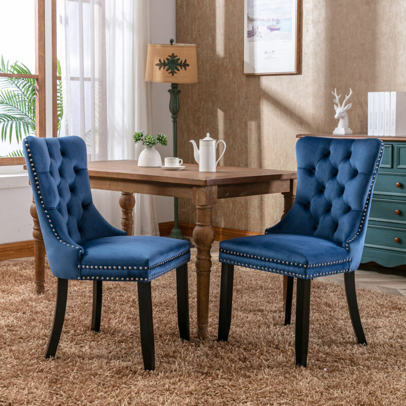 Lot de 2 chaises de salle à manger en velours, style contemporaine, chaise de cuisine et salon, pieds en bois massif - Bleu