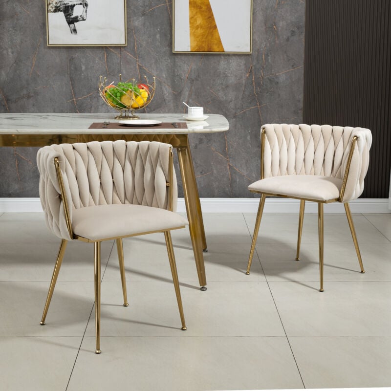 Hauss Spole - Lot de 2 chaises de salle à manger, fauteuil rembourrée, design tissé moderne, pieds en métal doré, salon/chambre, velours, beige