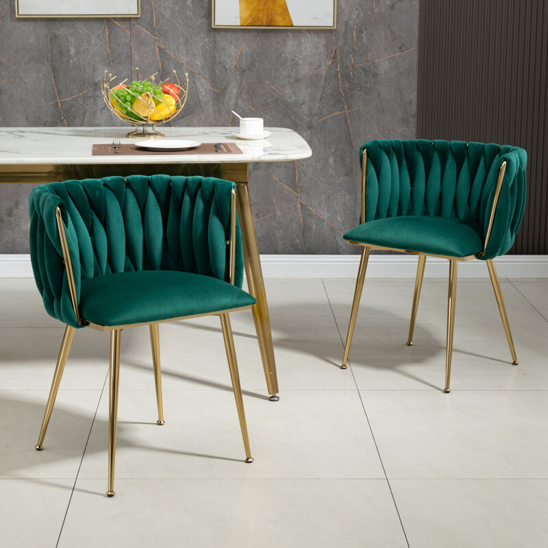 Hauss Spole - Lot de 2 chaises de salle à manger, fauteuil rembourrée, design tissé moderne, pieds en métal doré, salon/chambre, velours, vert