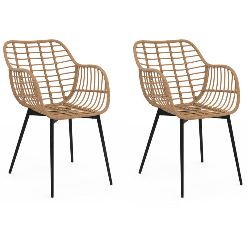 Lot de 2 chaises de salle à manger, fauteuils de table summer effet rotin pied métal noir