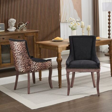 Lot de 2 Chaises de Salle à Manger Gamme Ultra en Tissu Épais Motif Léopard, Pieds en Bois Massif Clous Bronze, Style Original et Tendance