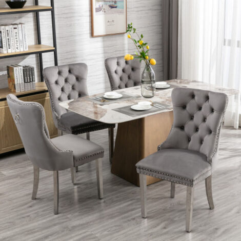 Lot de 2 Chaises de Salle à Manger Haut de Gamme Contemporaines en Bois Massif Capitonné Velours, Pieds Acier Inoxydable Chromé Garniture Cloutée, Style Luxueux Gris Chromé