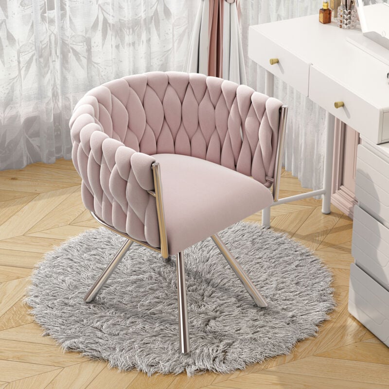 Chaise de coiffeuse en velours rose 1 pièce, chaise pivotante pour chambre à coucher, pieds en métal rose