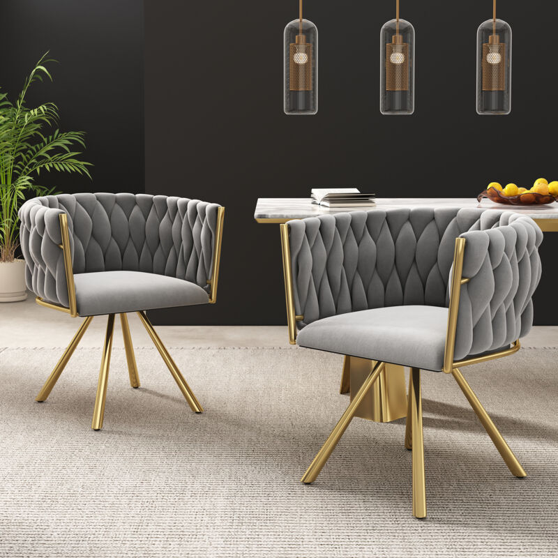 Lot de 2 chaises de salle à manger velours gris, chaise de salon, chaise pivotante avec pieds en métal doré