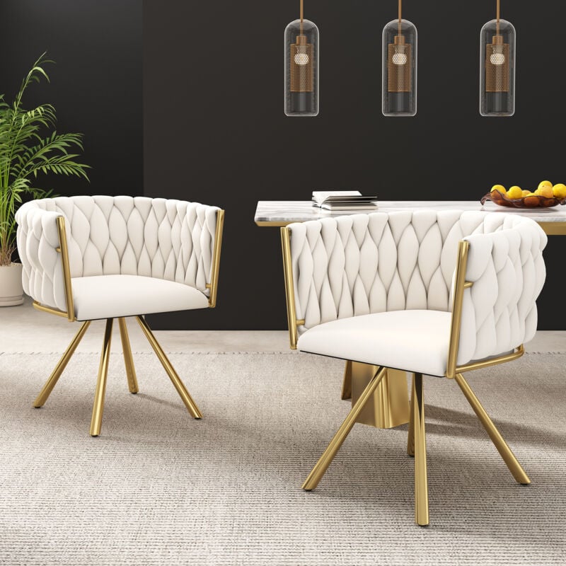 Wishdor - Lot de 2 chaises de salle à manger velours beige, chaise de salon, chaise pivotante avec pieds en métal doré