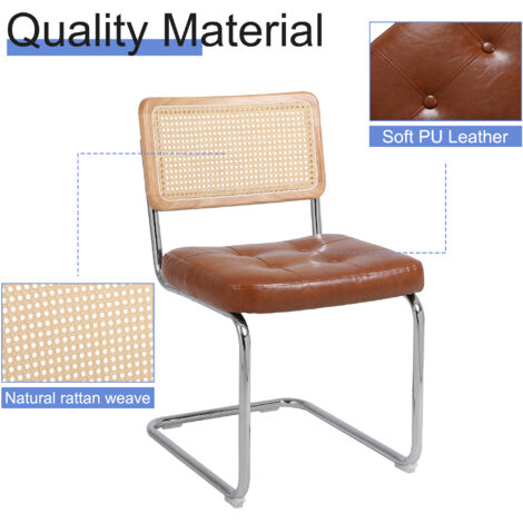 Lot de 2 chaises de salle à manger médiévales en rotin rembourré simili cuir. Sans accoudoirs cadre métallique chromé,design élégant couleur marron.