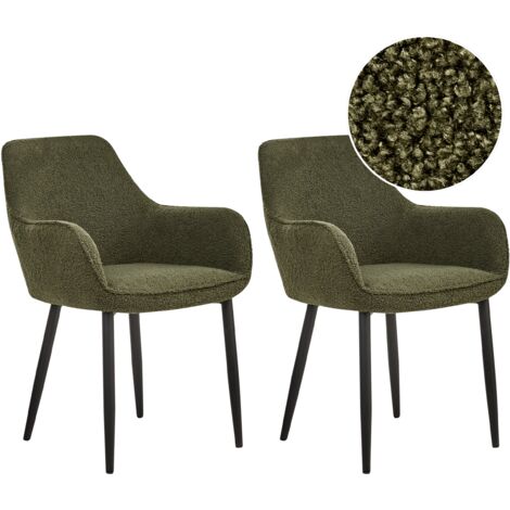 Lot de 2 Chaises de Salle à Manger Modernes avec Accoudoirs et Assise Rembourrée en Tissu Bouclé Vert Foncé Alden