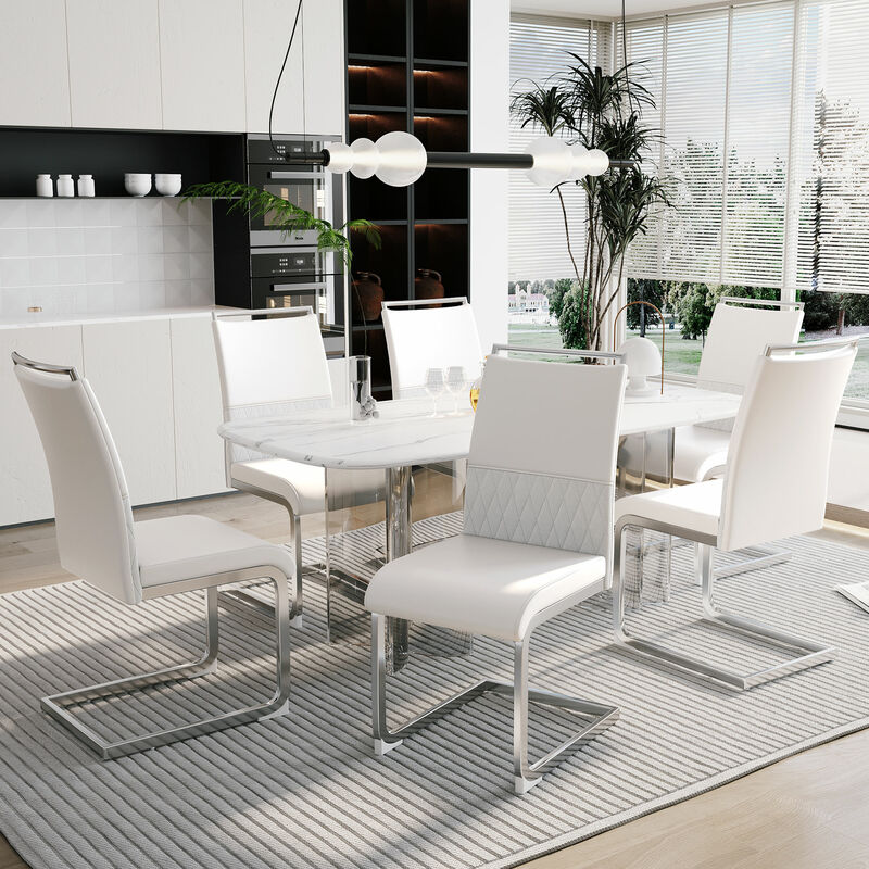 Modernluxe - Lot de 6 chaises de salle à manger - dossier en similicuir et lin - blanc