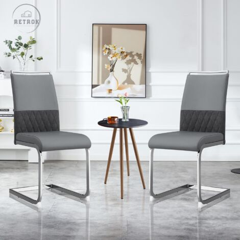 Lot de 2 chaises de salle à manger modernes, dossier en simili cuir et lin, chaise d'appoint rembourrée à dossier haut, dossier à rayures horizontales pour salle à manger, cuisine, gris
