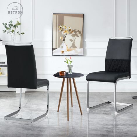 Lot de 2 chaises de salle à manger modernes, dossier en simili cuir et lin, chaise d'appoint rembourrée à dossier haut, dossier à rayures horizontales pour salle à manger, noir