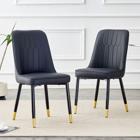 Lot de 2 Chaises de Salle à Manger Modernes en PU Noir - Dossier Rembourré et Pieds en Métal - Design Épuré