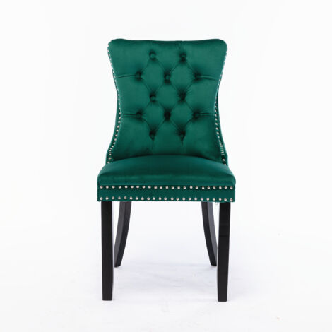 Lot de 2 Chaises de Salle à Manger Modernes en Velours Capitonné, Bois Massif, Pieds Bois et Clous Décoratifs, Vert