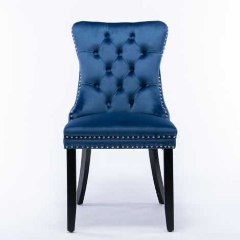Lot de 2 Chaises de Salle à Manger Modernes en Velours Capitonné, Bois Massif, Pieds en Bois et Clous Décoratifs, Bleu