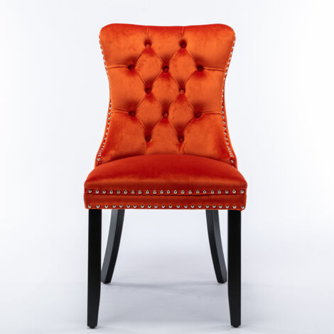Lot de 2 Chaises de Salle à Manger Modernes en Velours Capitonné, Bois Massif, Pieds en Bois et Clous Décoratifs, Orange