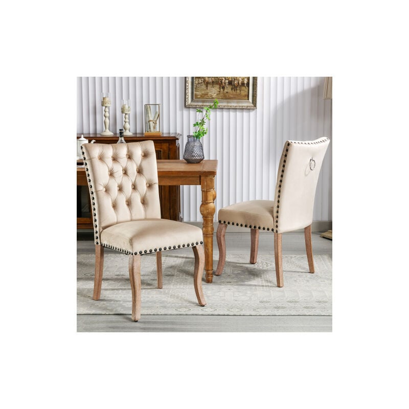 Liberté - Lot de 2 Chaises de salle à manger rembourrée avec garniture tête de clou, pieds en bois massif, revêtement en velours, camel clair