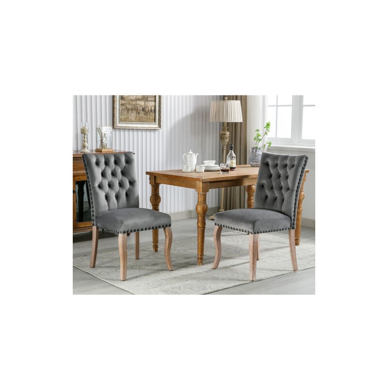 Liberté - Lot de 2 Chaises de salle à manger rembourrée avec garniture tête de clou, pieds en bois massif, revêtement en velours, gris