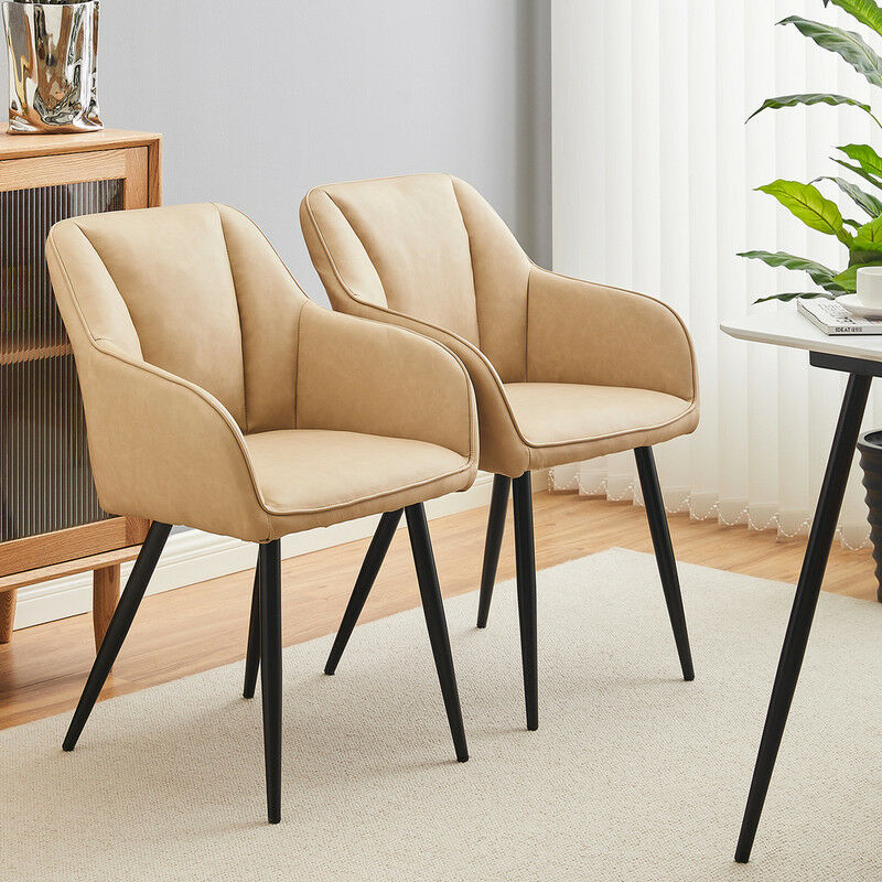 Lot de 2 chaises de salle à manger rembourrées en simili cuir avec accoudoirs et pieds en métal, pour salon, chambre à coucher ou bureau à
