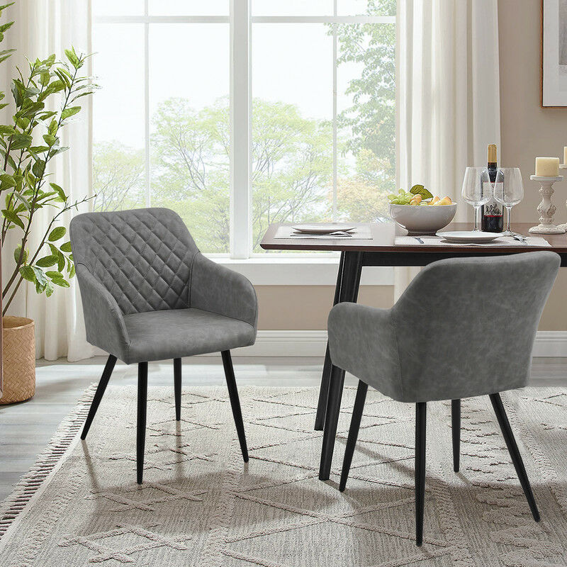 Lot de 2 chaises de salle à manger rembourrées en similicuir avec accoudoirs et dossier rétro, Gris clair