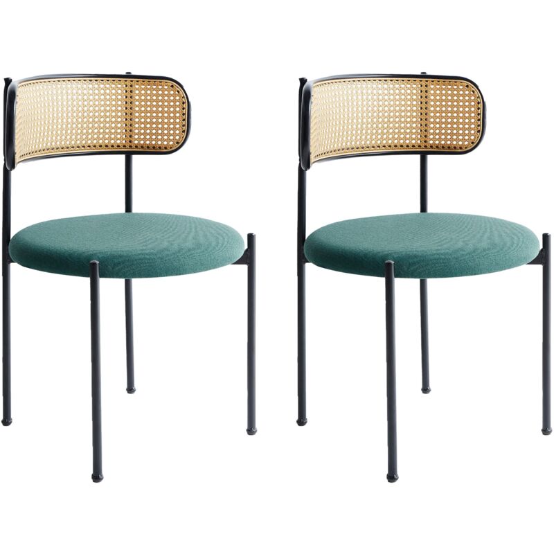 Lot de 2 Chaises de Salle à Manger Rétro Structure en Métal Noir Dossier en Tresse Viennoise Assise en Tissu Vert Andover