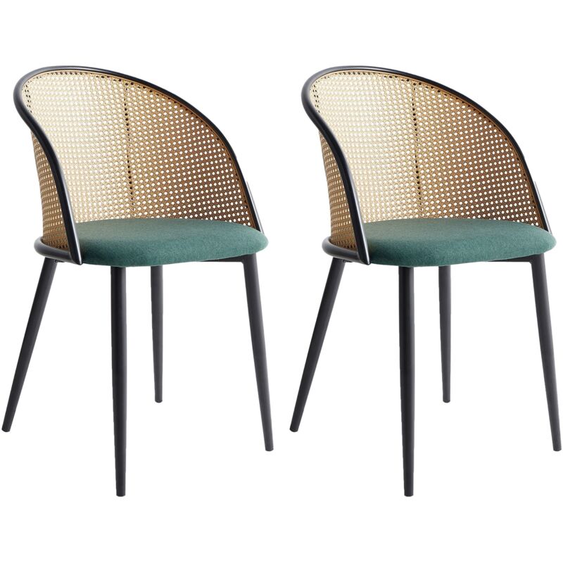 Beliani - Lot de 2 Chaises de Salle à Manger Rétro Structure Métal Noir Dossier en Tresse Viennoise Assise en Tissu Vert Cornell