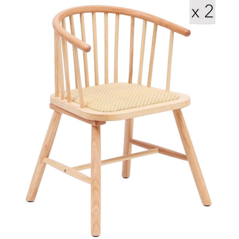 nordlys - lot de 2 chaises de salle a manger scandinave en bois massif rotin - beige