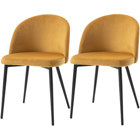Lot de 2 chaises de salle à manger scandinaves en velours rembourré, pieds métal effilés, pour cuisine ou salon, jaune
