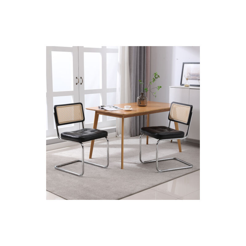 Lot de 2 chaises de salle à manger - style du milieu du siècle - en simili-cuir tapissées et en rotin - 50x61x86cm, noir
