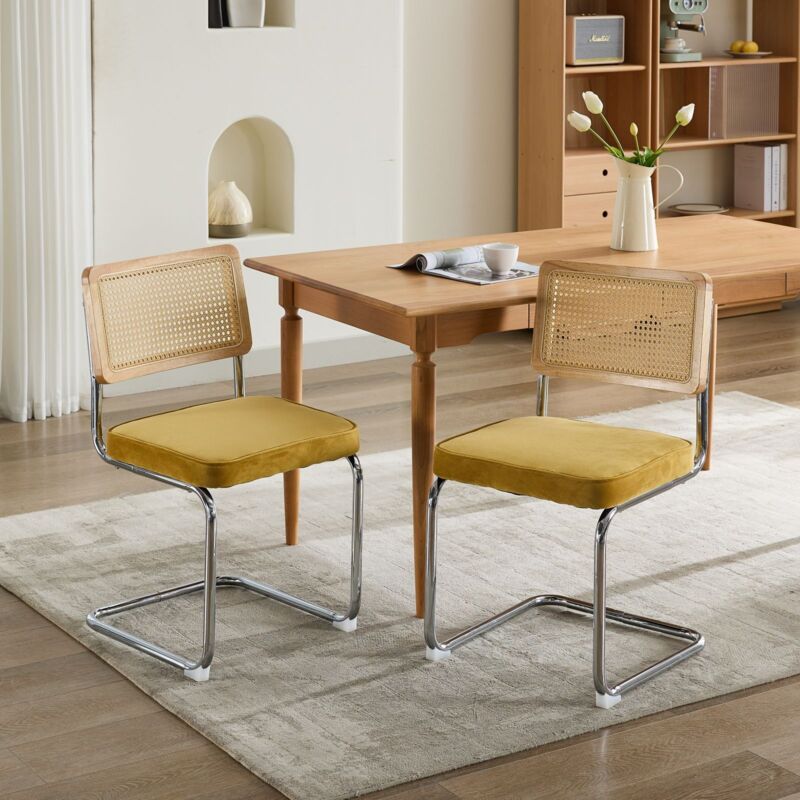 Lot de 2 chaises de salle à manger, style moderne - Chaises en velours avec dossier en rotin et base en chrome inoxydable, chaises de cuisine en