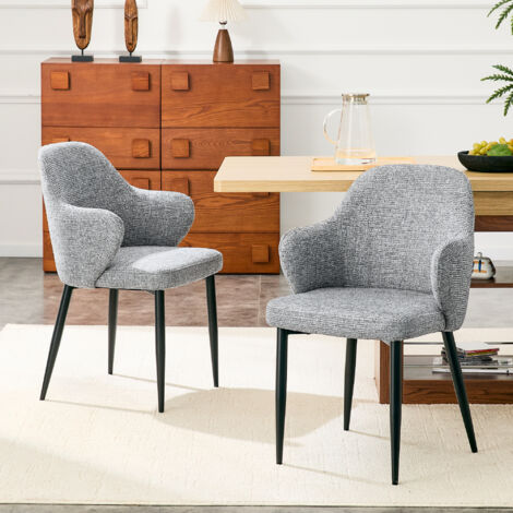 Lot de 2 chaises de salle à manger tissu gris hauteur 83 cm. Pieds métalliques croisés large dossier pour intérieur.